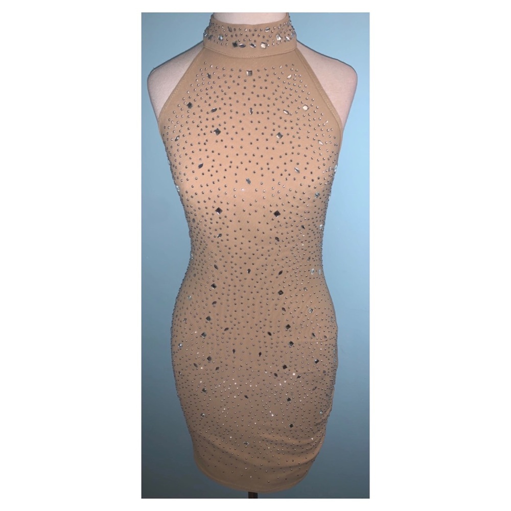 Beige Halter Backless dress with Rhinestones